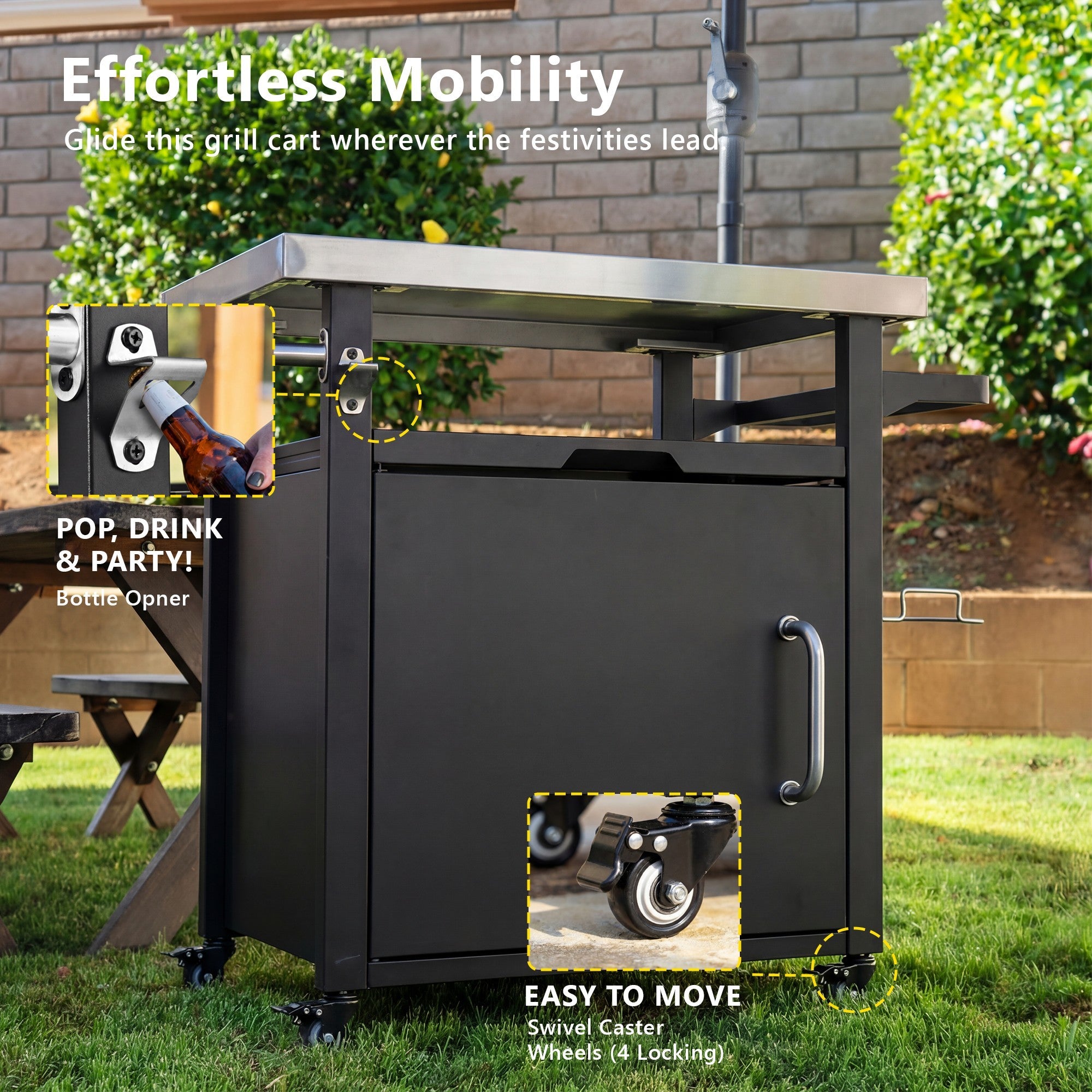 K&K 39.5' Outdoor Grill Cart with Storage Cabinet, Outdoor Bar Cart Pizza Oven Table with Wheels, Stainless Steel Top, Outdoor Kitchen Island with Spice & Paper Rack for BBQ, Waterproof Cover Included - Grand Goldman Shop