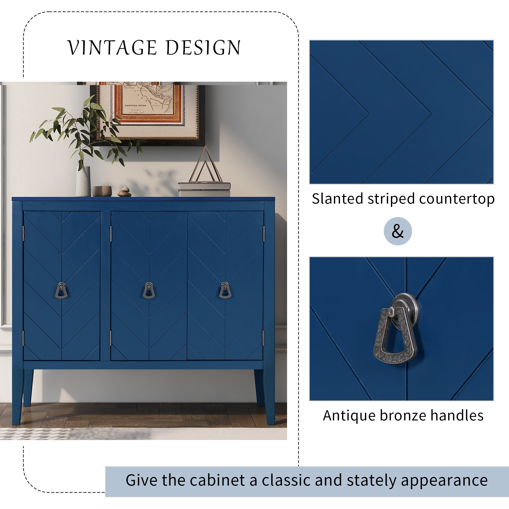 U_STYLE Adjustable Shelf Storage Sideboard with 3 Retro Metal Handles and 4 Pinewood Legs, for Entryway, Living Room, Study Room, Dining Room - Grand Goldman Shop