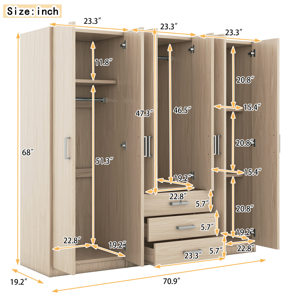 6-Doors Wooden Wardrobe Storage for Bedroom, with Big Drawers, Natural - Grand Goldman Shop