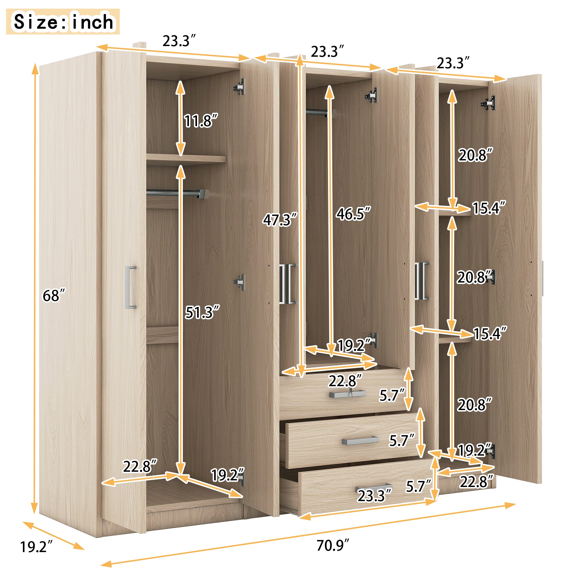 6-Doors Wooden Wardrobe Storage for Bedroom, with Big Drawers, Natural - Grand Goldman Shop
