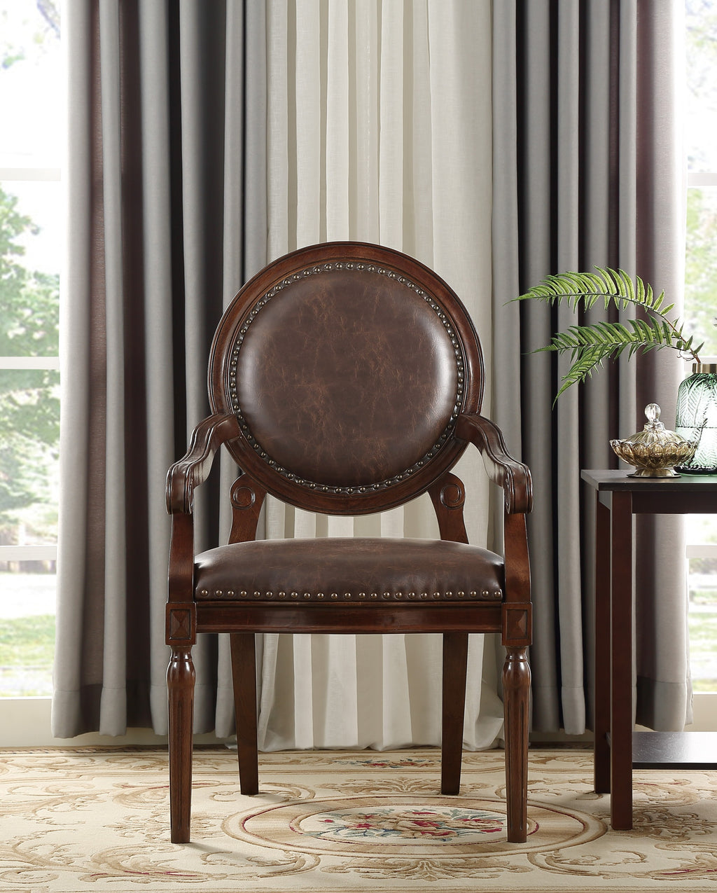 Formal Traditional Armchair Dark Brown Faux Leather Upholstery Nailhead Trim Solid Wood Furniture 1pc Classic Desk Chair - Gr