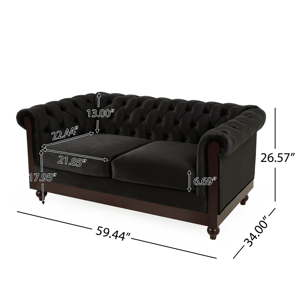 VIVALUX Chesterfield Velvet Loveseat Sofa, 2-Person Rolled Arm Upholstered Couch, Black, Pine Wood Frame, 59.44' - Grand Goldman Shop