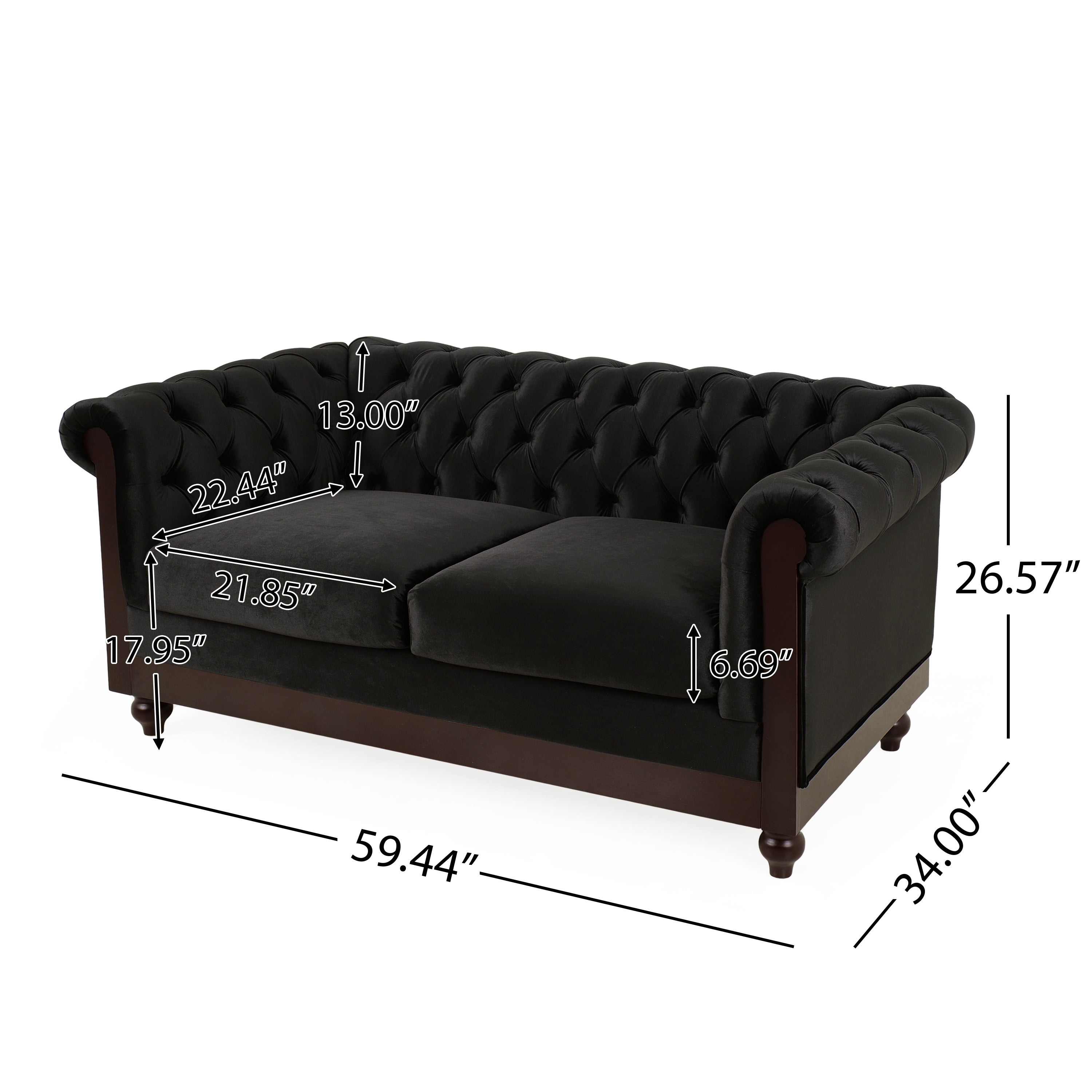 VIVALUX Chesterfield Velvet Loveseat Sofa, 2-Person Rolled Arm Upholstered Couch, Black, Pine Wood Frame, 59.44' - Grand Goldman Shop