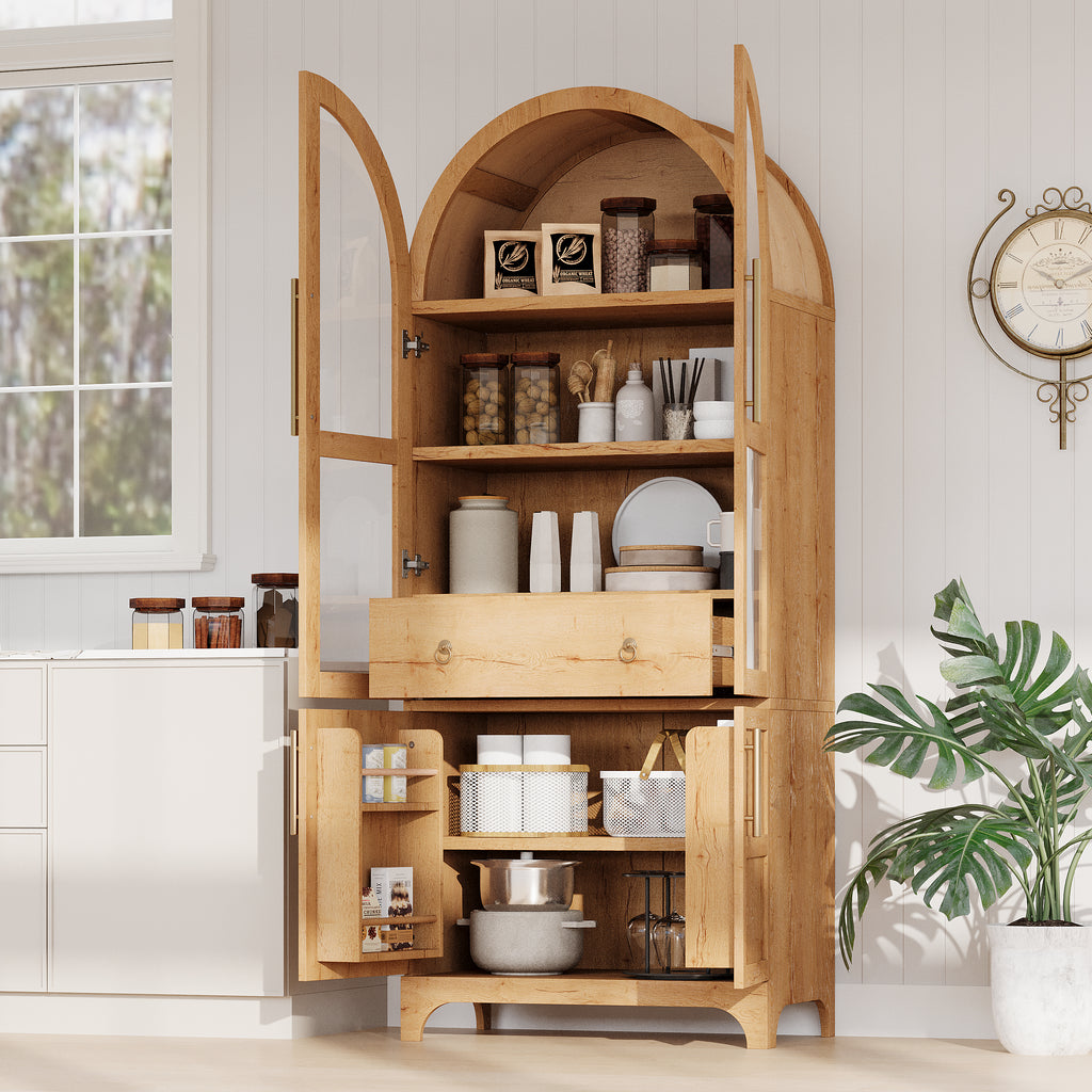 K&K 71' Tall Arched Kitchen Pantry Cabinet with Door Shelves, Farmhouse Kitchen Storage Cabinet with Open & Adjustable Shelves, Hidden Drawer & Glass Door, Cupboard for Kitchen, Dining Room, Natural - Grand Goldman Shop