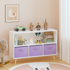 Kids Bookcase with Collapsible Fabric Drawers, Children's Book Display Organizer in White and Purple, MDF with Pine Legs | Pr