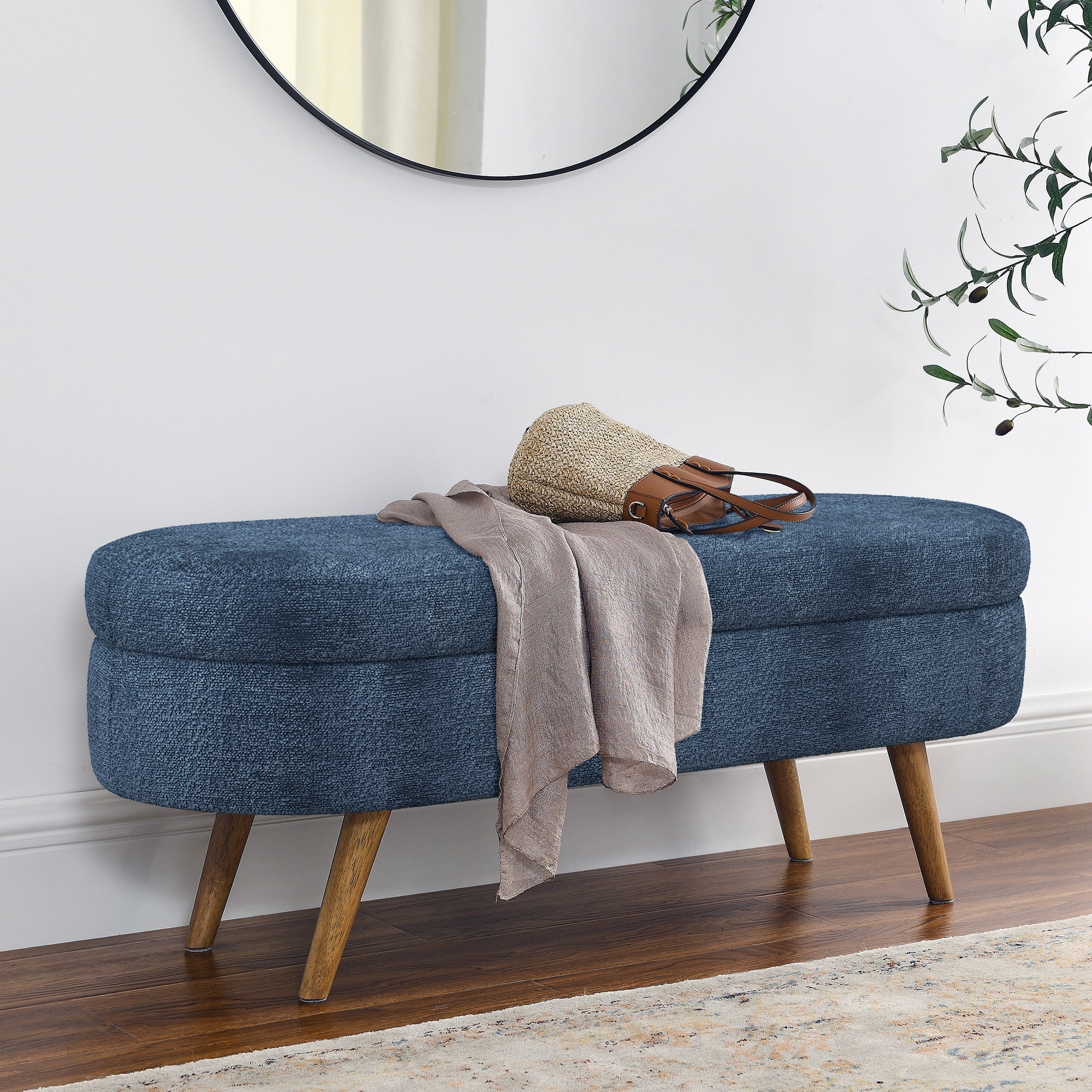 Modern Ottoman Oval Storage Bench with Rubber Wood Legs, Dark Blue Fabric, 43.5'x16'x16' - Grand Goldman Shop