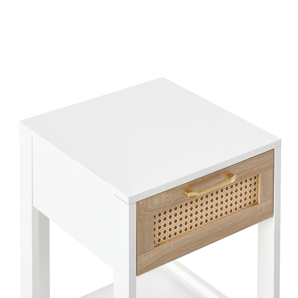 Modern Rattan End Table with Drawer, White MDF and Rattan, 15.75' Square - Grand Goldman Shop