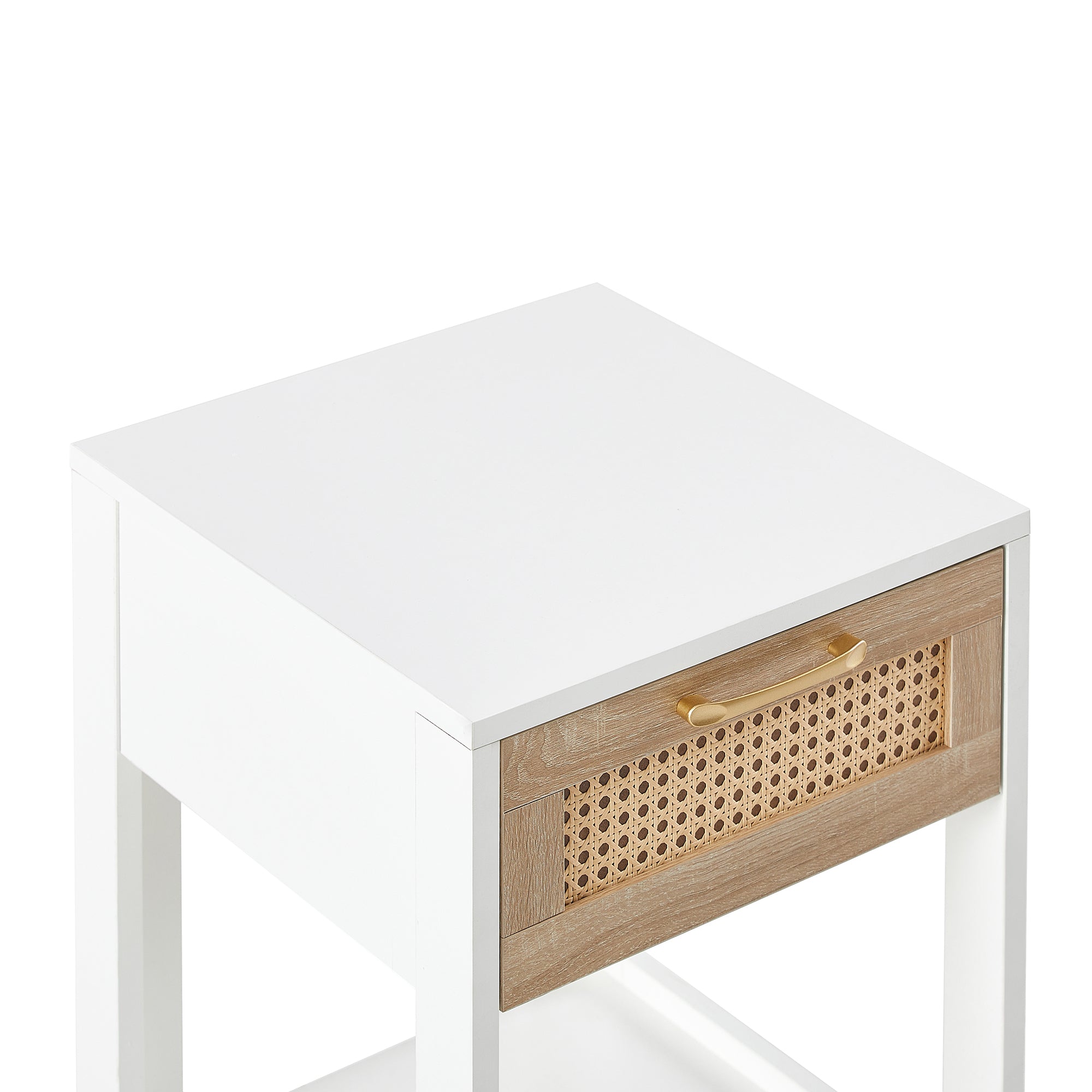 Modern Rattan End Table with Drawer, White MDF and Rattan, 15.75' Square - Grand Goldman Shop