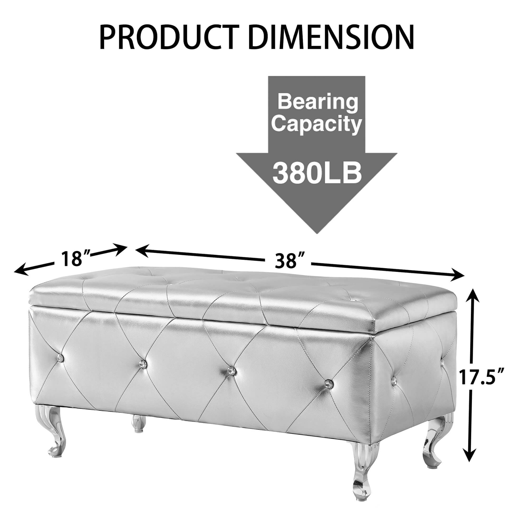 Upholstered Storage Ottoman Bench For Bedroom End Of Bed Faux Leather Rectangular Storage Benches Footrest With Crystal Buttons For Living Room Entryway (Silver) - Grand Goldman Shop