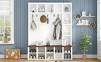Farmhouse Wooden Hall Tree with 6 Hooks, Walnut Storage Bench with Adjustable Shelves, 4-in-1 Entryway Shoe Cabinet with Cubbies for Mudroom, Living Room, White, 76.7'H (OLD SKU: N721S000044K) - Grand Goldman Shop