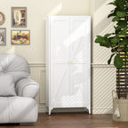 White Metal Adjustable 2-Door Storage Cabinet with Powder-Coated Steel, Striped Design, Gold Handles, 4 Adjustable Shelves fo