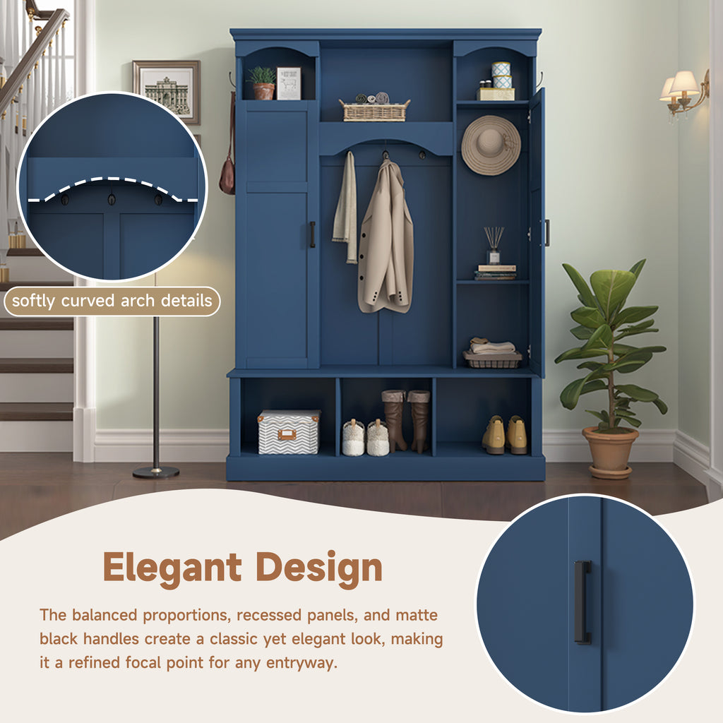 ON-TREND Modern All-in-One Hall Tree with Adjustable Shelves, Classic Arched Farmhouse Storage Bench with Dual Side Cabinets, Elegant Entryway Organizer with 7 Hooks for Mudroom, Hallway, Blue - Grand Goldman Shop