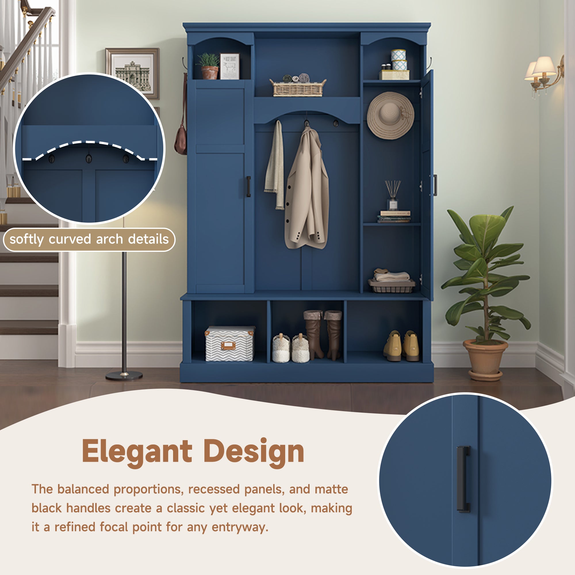 ON-TREND Modern All-in-One Hall Tree with Adjustable Shelves, Classic Arched Farmhouse Storage Bench with Dual Side Cabinets, Elegant Entryway Organizer with 7 Hooks for Mudroom, Hallway, Blue - Grand Goldman Shop