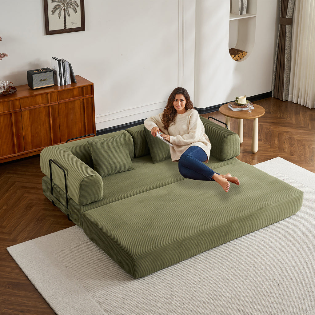 Convertible Sleeper Sofa Bed with Cylindrical Pillow, Corduroy Folding Mattress Couch with Fixed-Shape Frame, Floor Sofa Lounge Couch for Living Room Bedroom (Green) - Grand Goldman Shop