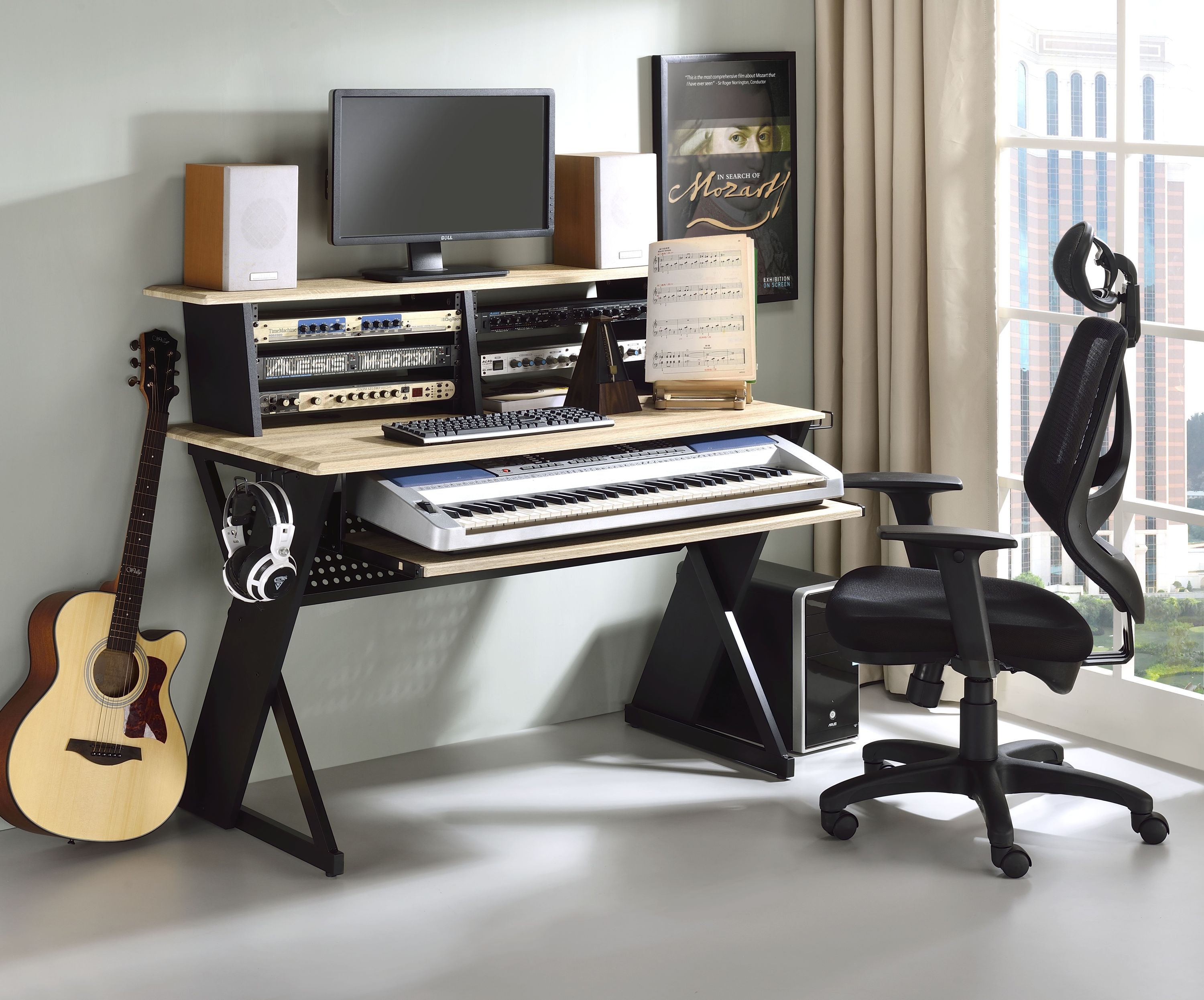 Eleazar Natural Oak Finish Music Recording Studio Desk | Premium Home Decor - Grand Goldman