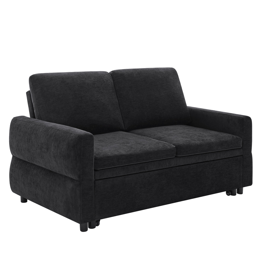Black Convertible Sofa Bed Loveseat with Adjustable Backrest and USB Ports, 62.75' Chenille Upholstered Couch for Living Room or Small Space - Grand Goldman Shop