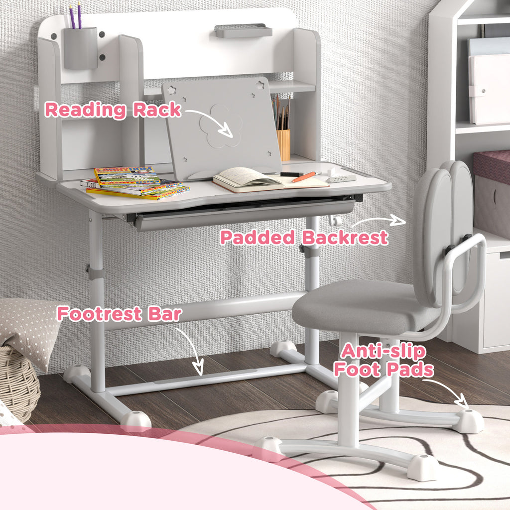 Qaba Kids Desk and Chair Set, Height Adjustable Kids School Study Desk and Chair Set with Tilt Desktop, Storage Drawer and Re