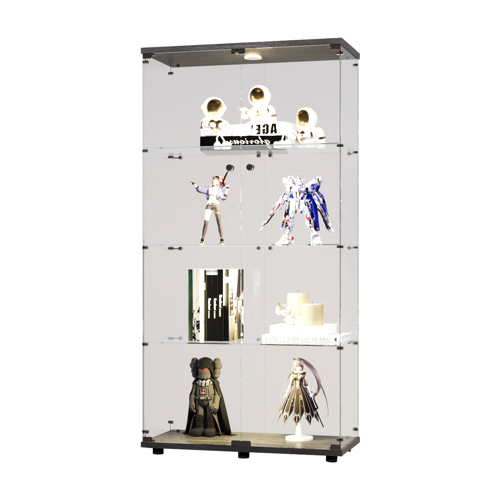 Two-door LED lights  Glass Display Cabinet 4 Shelves with Door, Floor Standing Curio Bookshelf for Living Room Bedroom Office