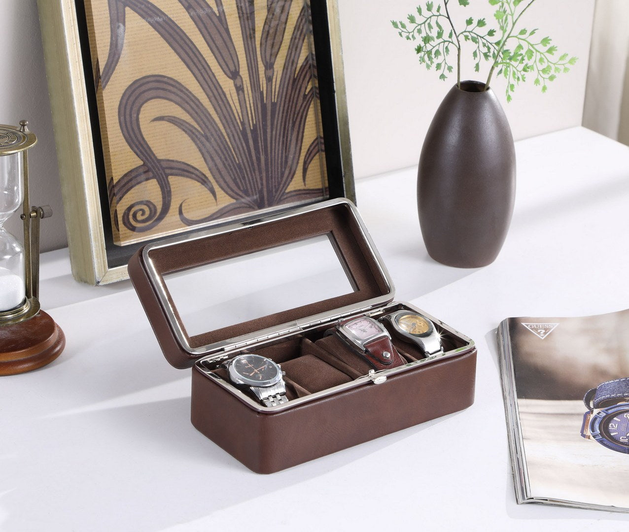 8' Long Tempered Glass and Leather 4-Slot Watch Display Case, Brown - Grand Goldman Shop
