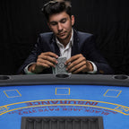 Soozier Poker Table Foldable, 72' Blackjack Table for 7 Players with Chip & Cup Holder, Blue Felt | Premium Home Decor - Gran