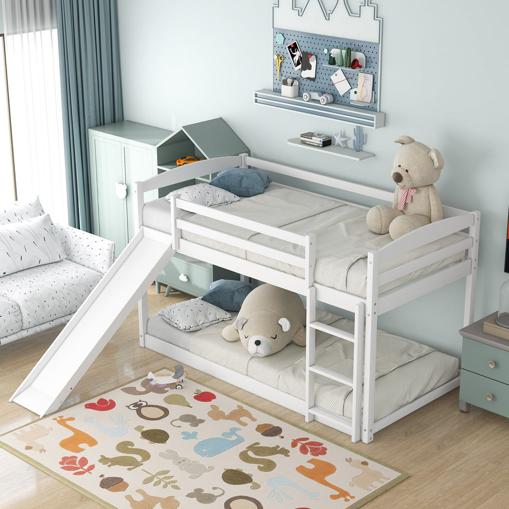 White Twin over Twin Bunk Bed with Convertible Slide and Ladder, Pine Wood and MDF, 79.3''L x 84.4''W x 46.5''H - Grand Goldman Shop