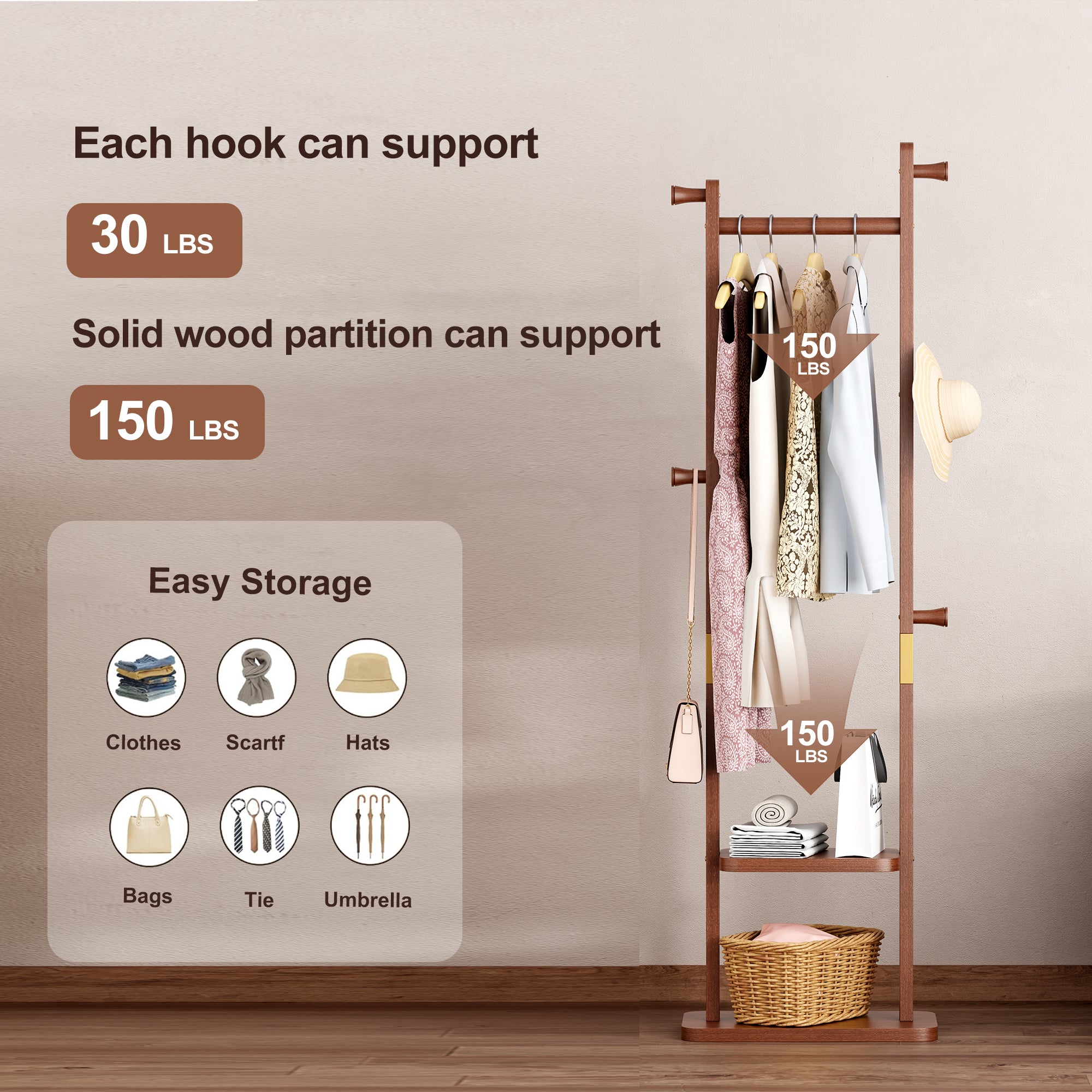Coat Racks solid wood hanger 23.6* 11*70.8in Solid environmental protection easy to assemble beautiful can be placed in the bedroom/entrance/living room (Walnut) - Grand Goldman Shop