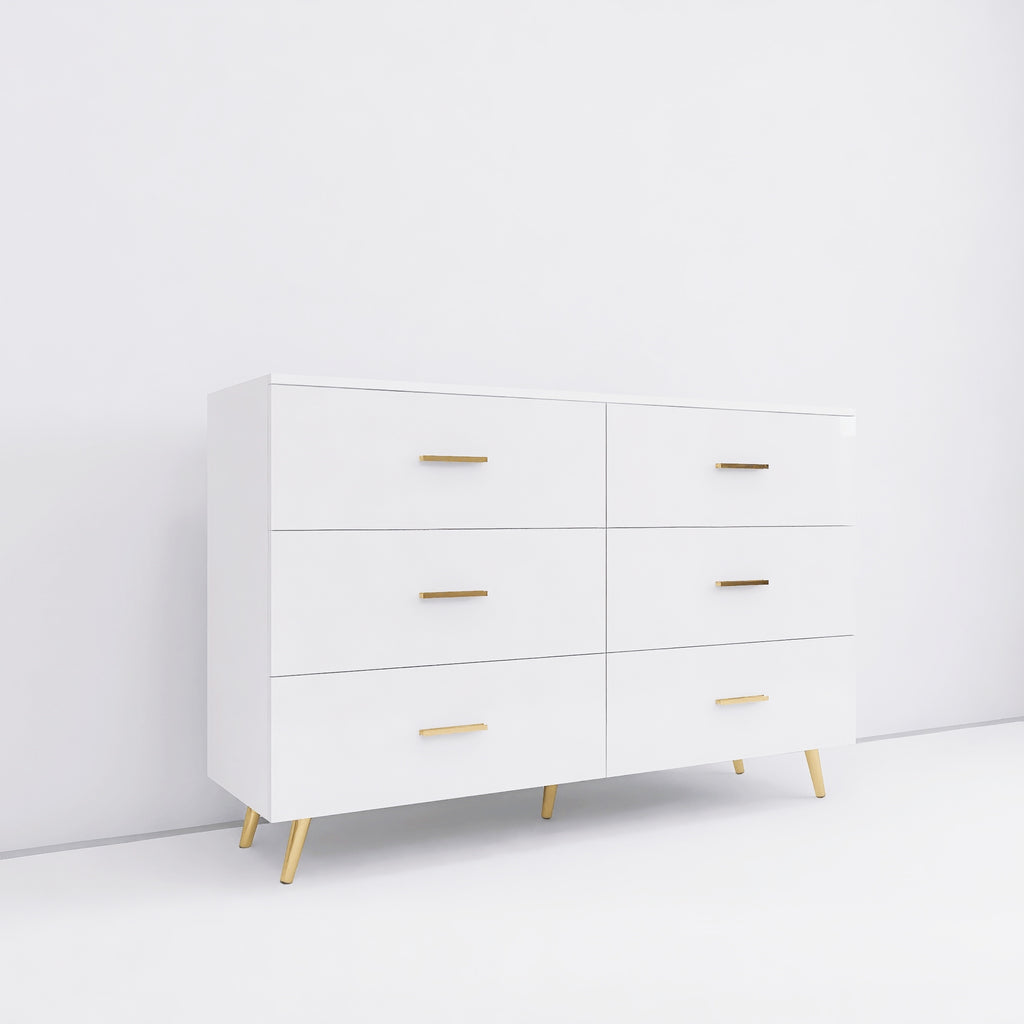 High Glossy Surface 6 Drawers Chest of Drawer with Golden Handle and Golden Steel Legs White Color Vanity - Grand Goldman Shop
