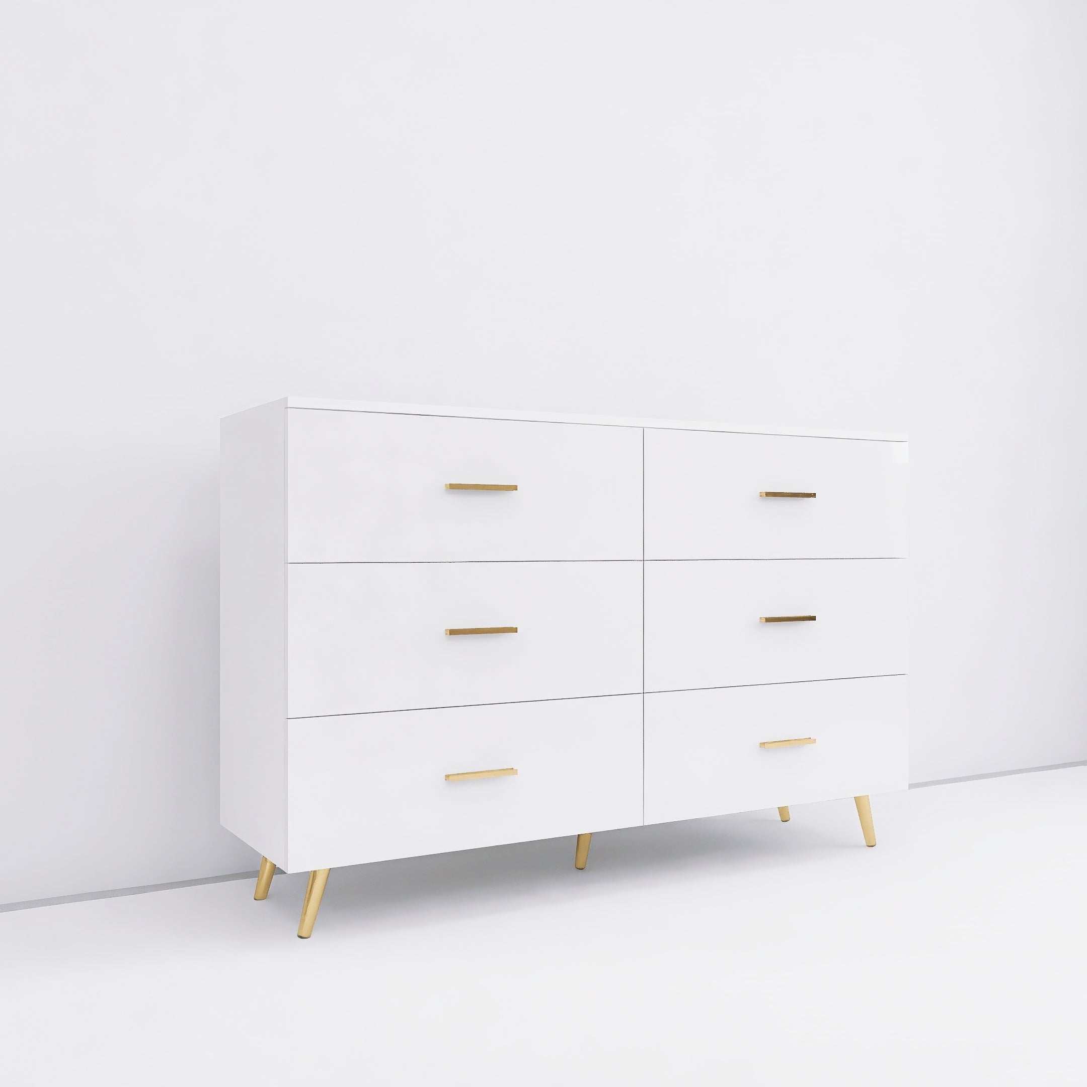 High Glossy Surface 6 Drawers Chest of Drawer with Golden Handle and Golden Steel Legs White Color Vanity - Grand Goldman Shop