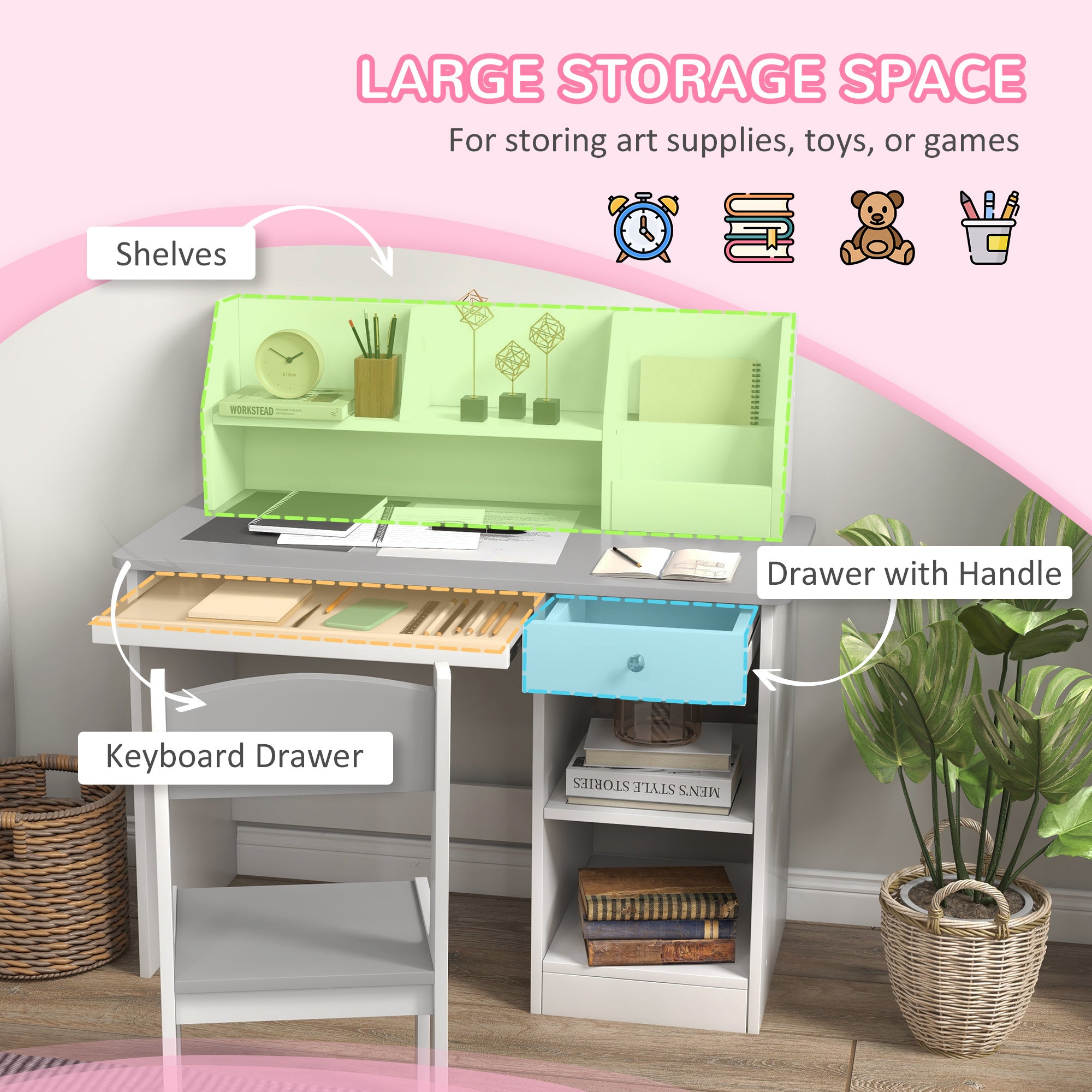 Qaba Kids Desk and Chair Set with Storage, Study Desk with Chair for Children 5-8 Years Old, Gray - Grand Goldman