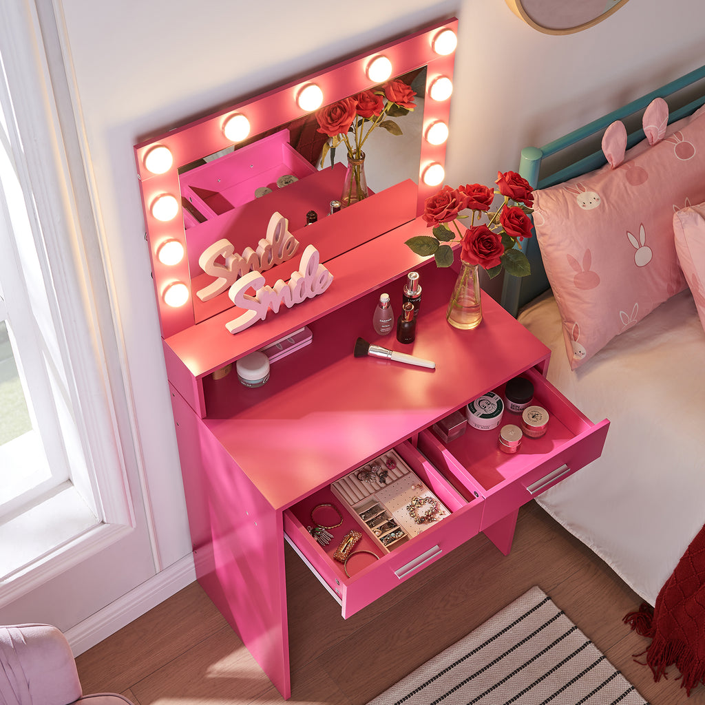 Vanity Desk with Mirror and Lights, Dressing Table with Large Drawer, 2 Level Storage Dresser & 3 Lighting Modes Adjustable Brightness, Suitable for Bedroom(Rose Pink) - Grand Goldman Shop