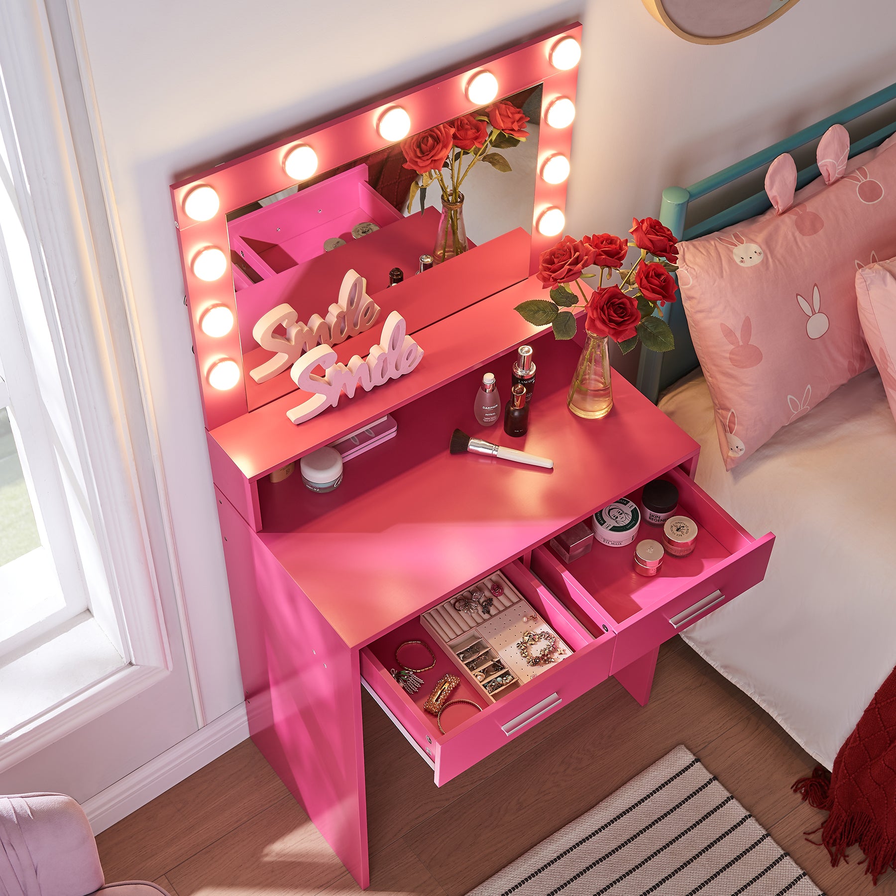 Vanity Desk with Mirror and Lights, Dressing Table with Large Drawer, 2 Level Storage Dresser & 3 Lighting Modes Adjustable Brightness, Suitable for Bedroom(Rose Pink) - Grand Goldman Shop