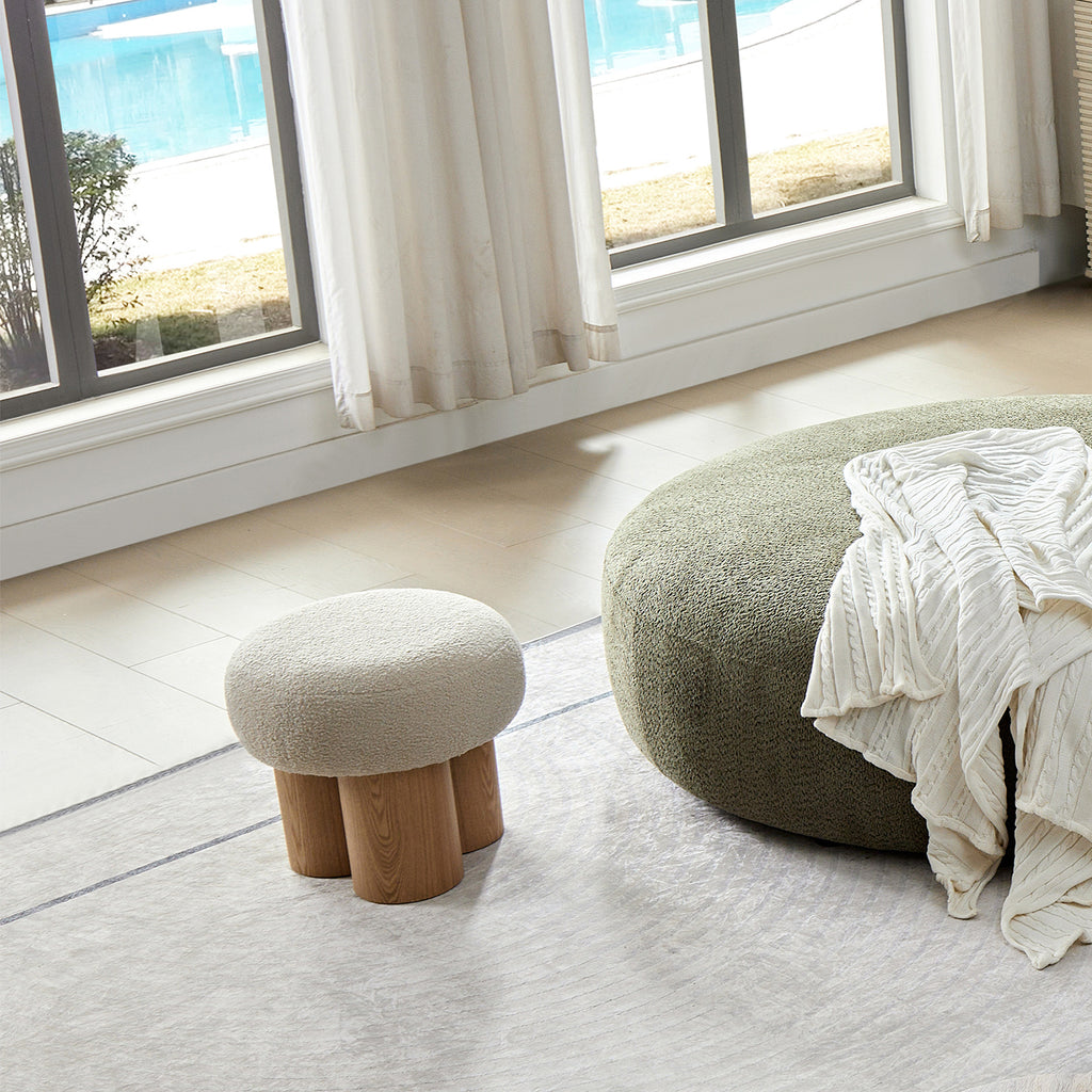 W8017-1 Mushroom Stool with Greige Plush Cushion, Wooden Barrel PVC Pipe, Walnut Finish - Grand Goldman Shop