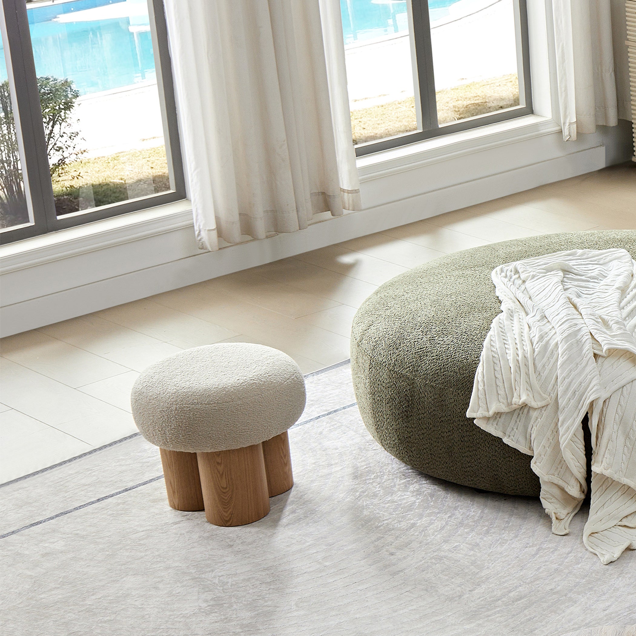 W8017-1 Mushroom Stool with Greige Plush Cushion, Wooden Barrel PVC Pipe, Walnut Finish - Grand Goldman Shop