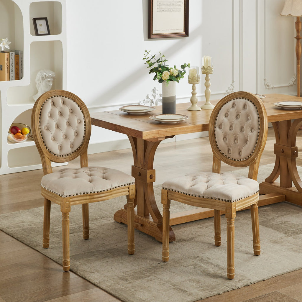 French Style Solid Wood Frame Antique Painting,Hand-pulled buckle decoration Velvet artificial leather Dining Chair with Nailhead Trim ,Wood Legs,Steel Spring inner,Set of 2,Beige,SW1739BG - Grand Goldman Shop