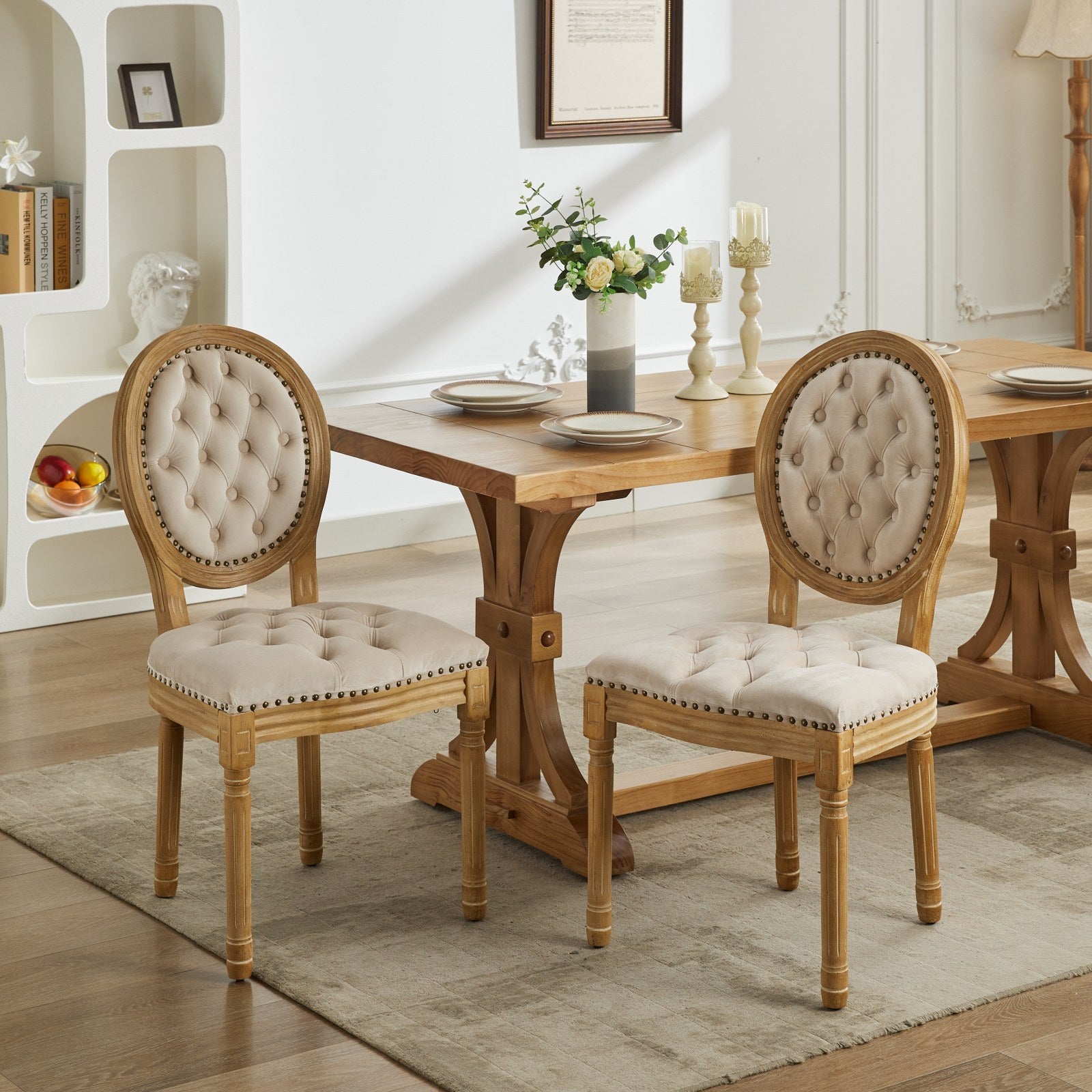 French Style Solid Wood Frame Antique Painting,Hand-pulled buckle decoration Velvet artificial leather Dining Chair with Nailhead Trim ,Wood Legs,Steel Spring inner,Set of 2,Beige,SW1739BG - Grand Goldman Shop