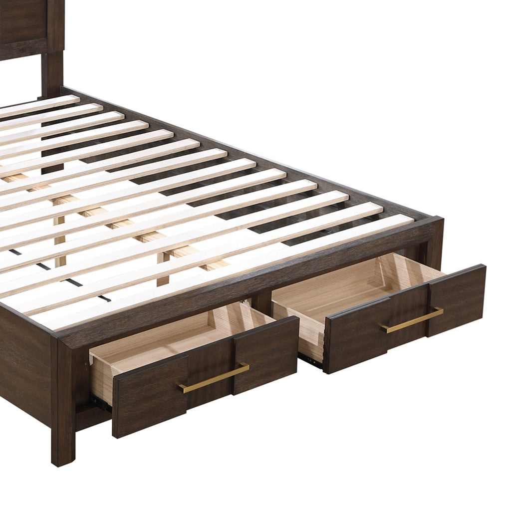 KENZO Modern King 5-Piece Storage Bedroom Set in Walnut Finish with LED Headboard, Bluetooth Speakers, USB Ports, Dresser, Mirror, Nightstand and Chest - Grand Goldman Shop