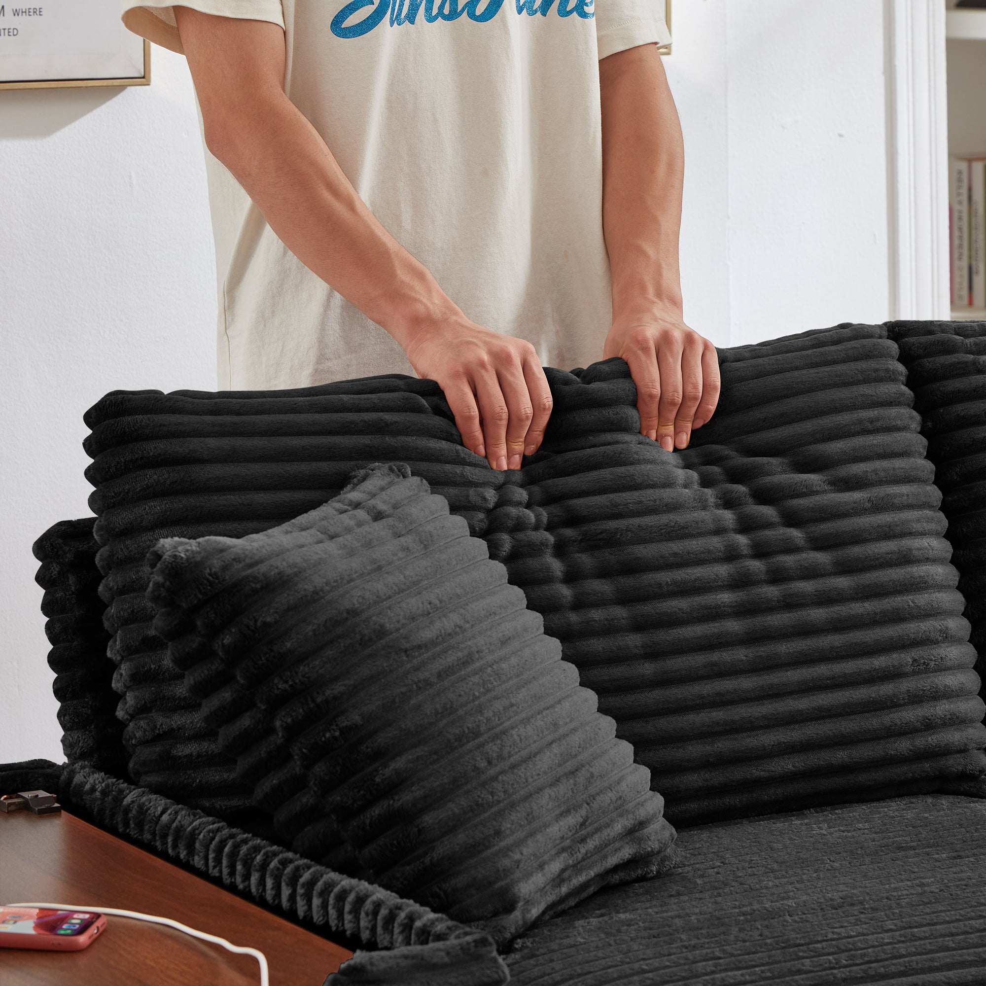 Comfortable Fluffy Corduroy Lazy Sofa, Storage Space for Big Loveseat, Super Soft Chaise Lounge with Double Ottomans and Table Board,Suitable for Chailiving - Grand Goldman Shop