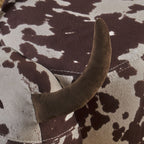 Cow-Shaped Modern Ottoman Footstool in Brown and White Fabric with Velvet Horns, Birch Legs, 25.25 x 14.00 x 16.75 inches - Grand Goldman Shop