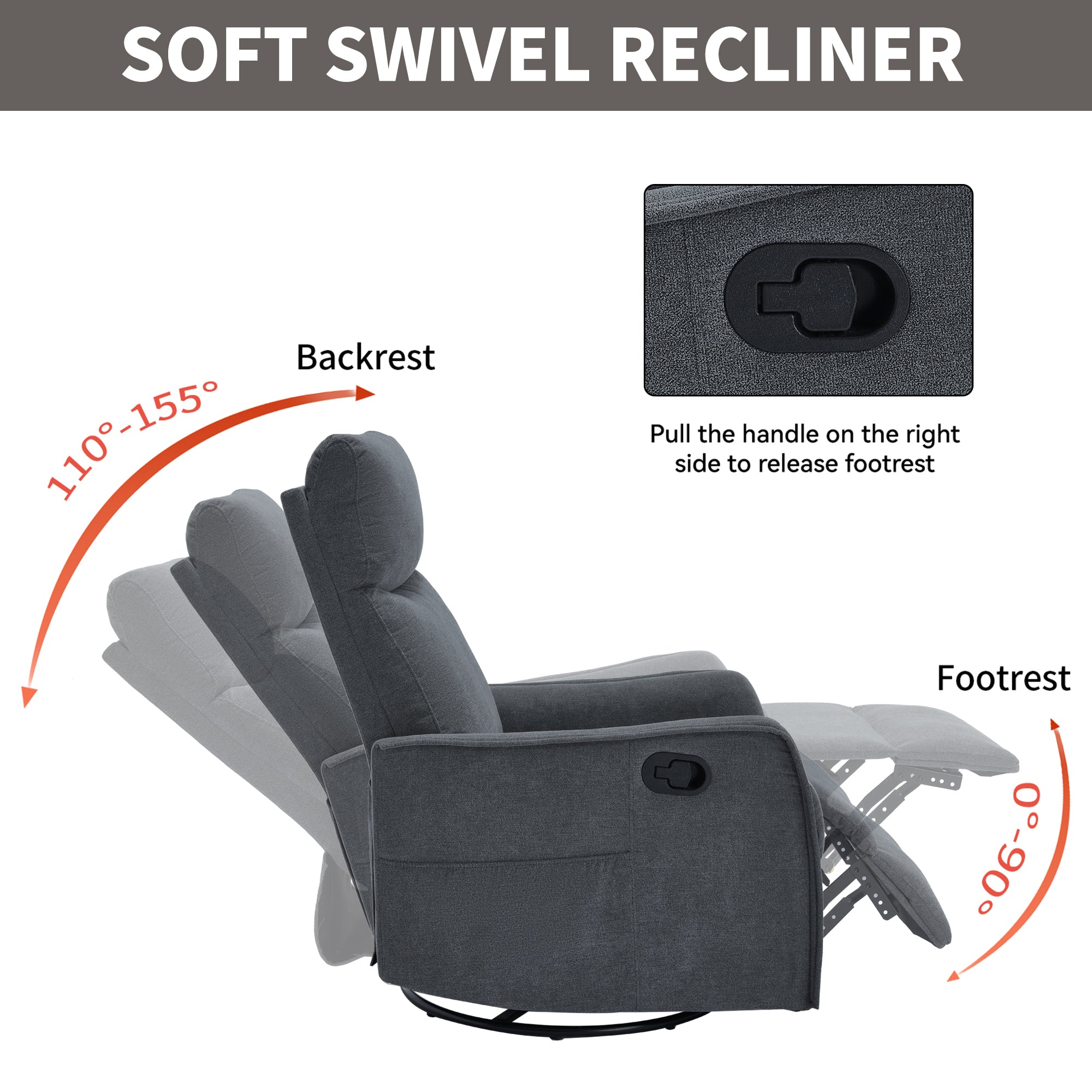 Heat Massage Manual Recliner Chair with Rocker and Swivel in Fabric for Living Room, Grey - Grand Goldman Shop