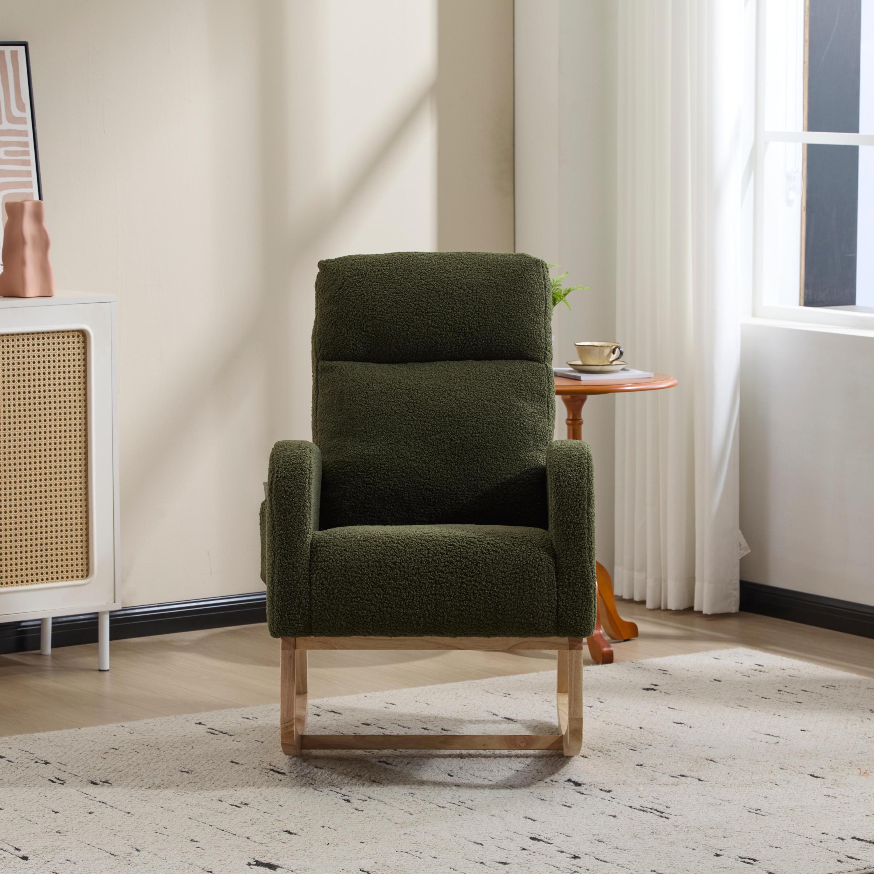 Modern Accent Rocking Chair Rocking Chair with Solid Wood Legs, Upholstered Nursery Glider Rocker, Comfy Armchair with Side Pocket, Living Room Lounge Arm Chair with High Backrest (green,teddy) - Grand Goldman Shop