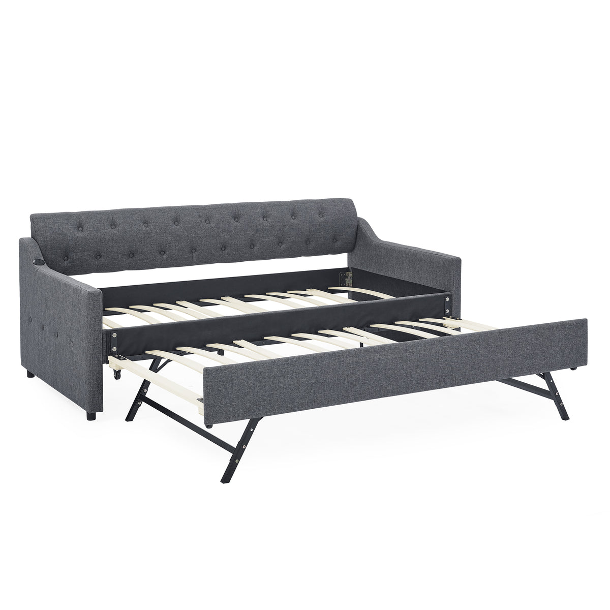 Twin Size Upholstered Daybed with Trundle and USB Charging, Dark Gray Linen - Grand Goldman Shop