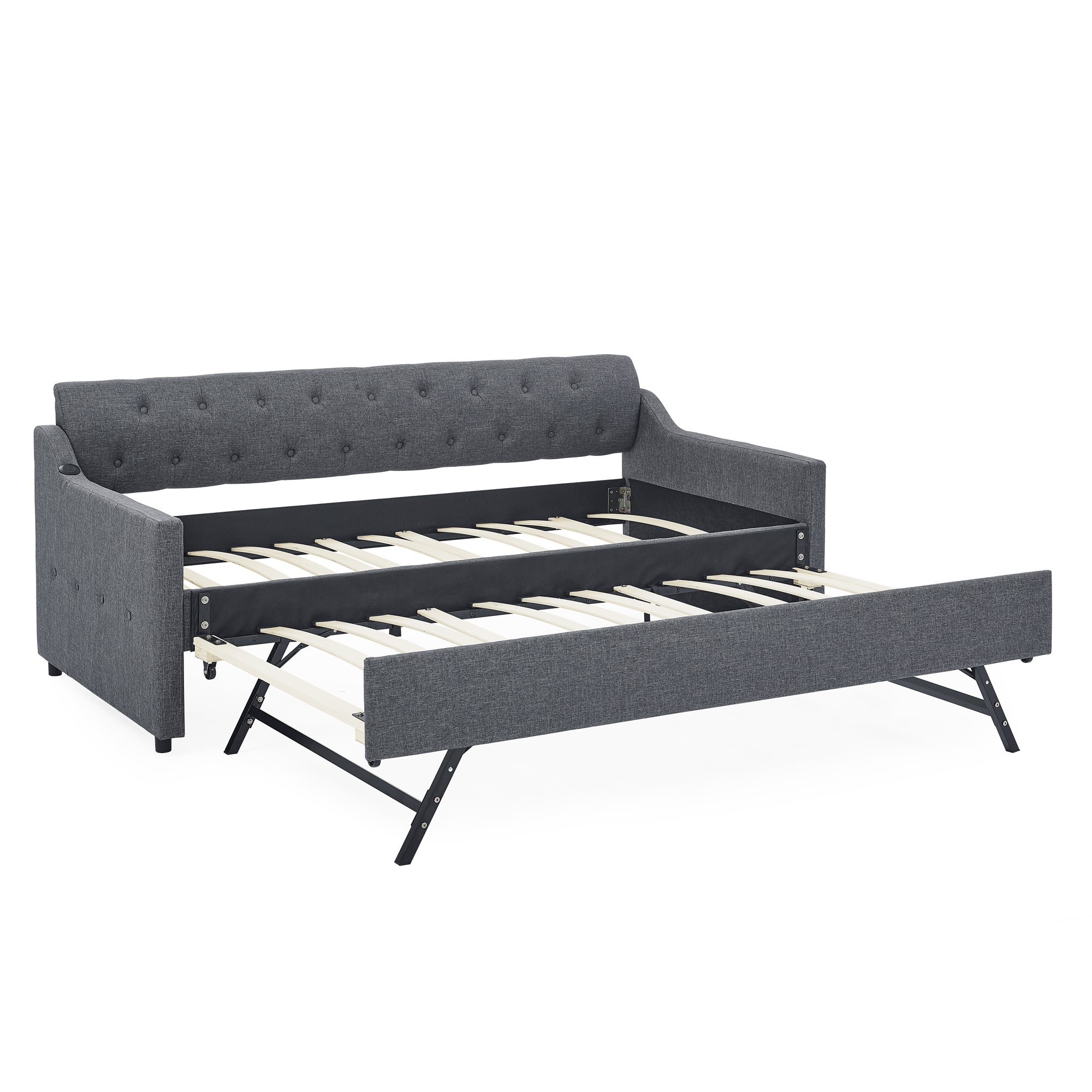 Twin Size Upholstered Daybed with Trundle and USB Charging, Dark Gray Linen - Grand Goldman Shop