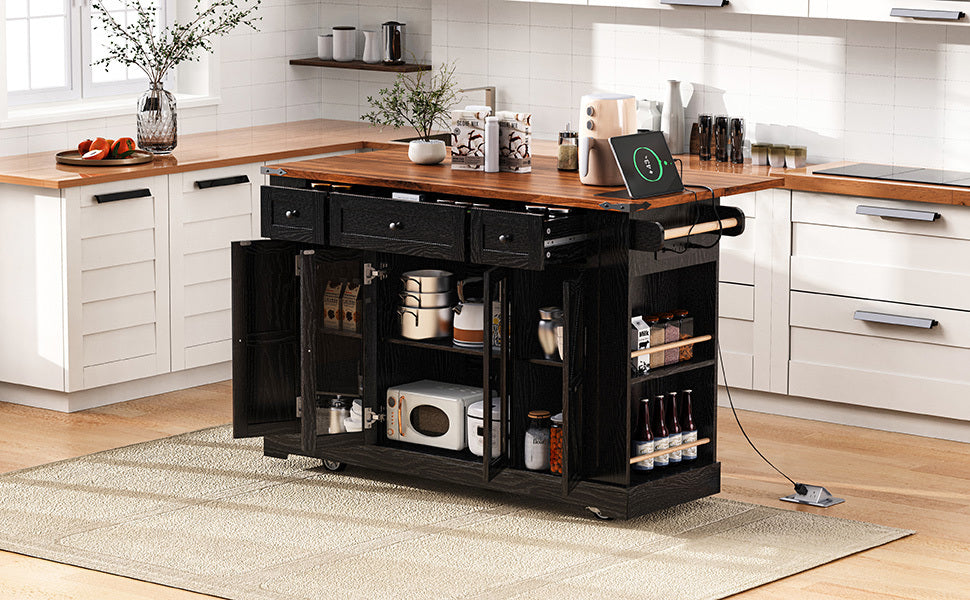 K&K 53'' Farmhouse Kitchen Island with Two Tempered Glass Cabinet Doors, Power Outlet, Rolling Kitchen Cart on Wheels with Drop Leaf, 5 Open Side Racks, 3 Drawers, for Kitchen, Dining Room, Black - Grand Goldman Shop