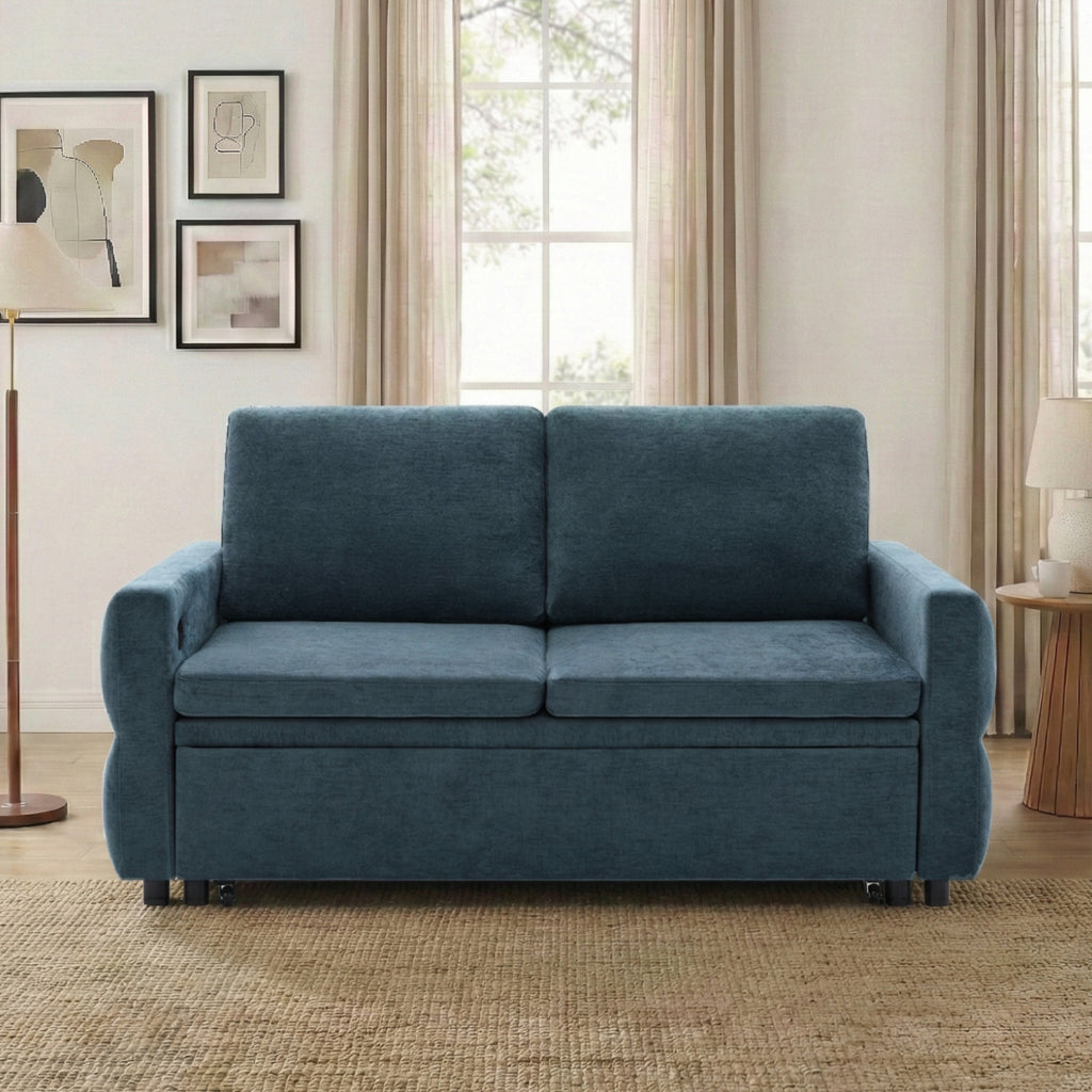 Convertible Sofa Bed 62.75' Loveseat with Adjustable Backrest and USB Ports in Blue Chenille Fabric - Grand Goldman Shop
