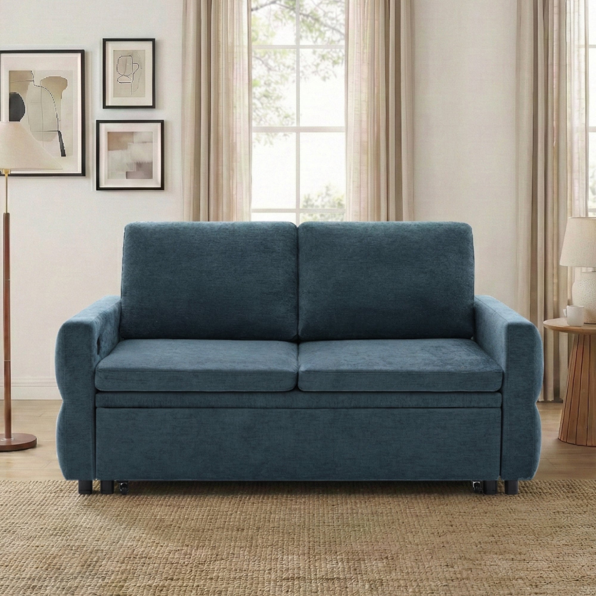 Convertible Sofa Bed 62.75' Loveseat with Adjustable Backrest and USB Ports in Blue Chenille Fabric - Grand Goldman Shop