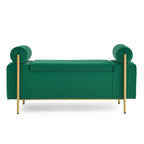 Elegant Upholstered Velvet Storage Bench with Cylindrical Arms and Iron Legs, Green - Grand Goldman Shop