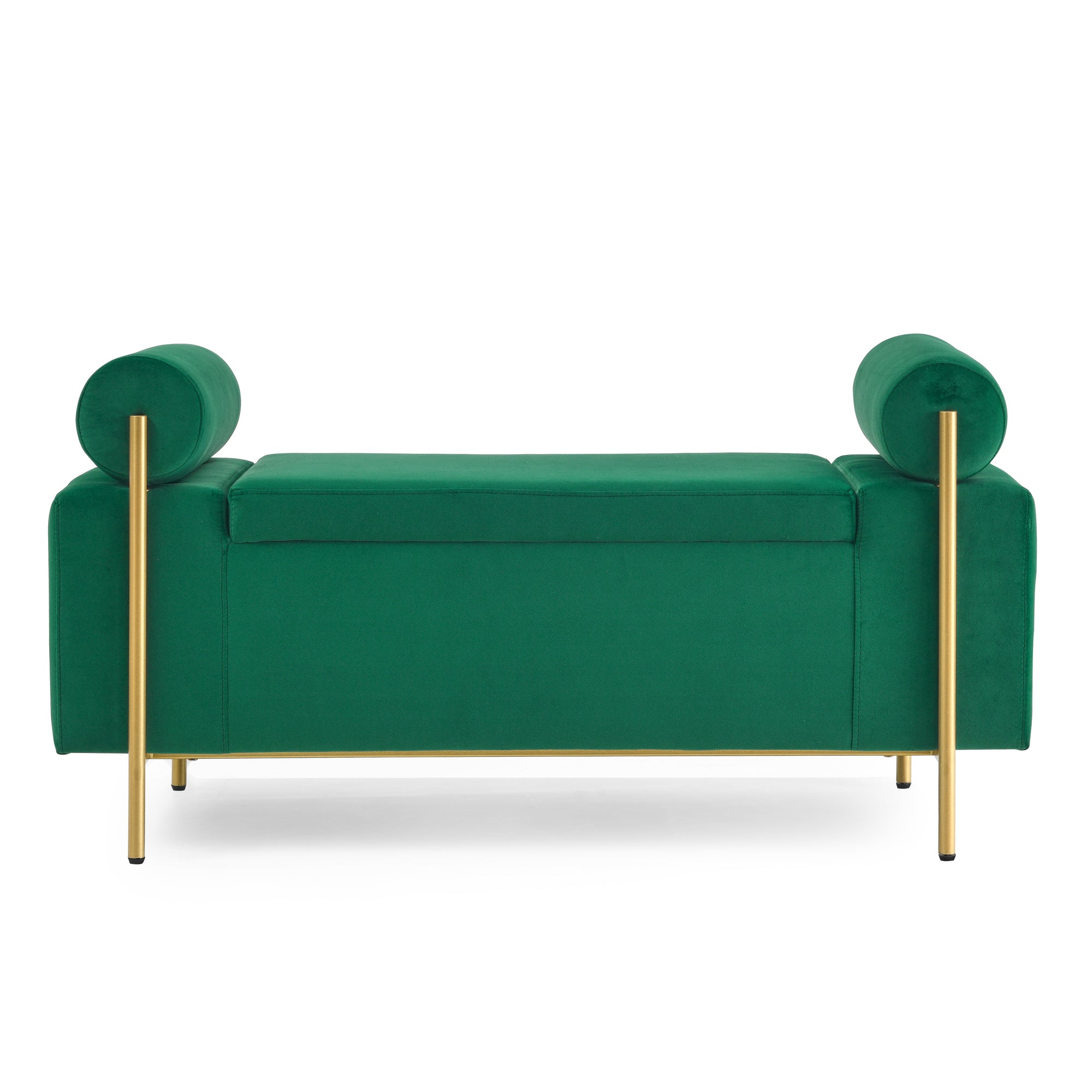 Elegant Upholstered Velvet Storage Bench with Cylindrical Arms and Iron Legs, Green - Grand Goldman Shop