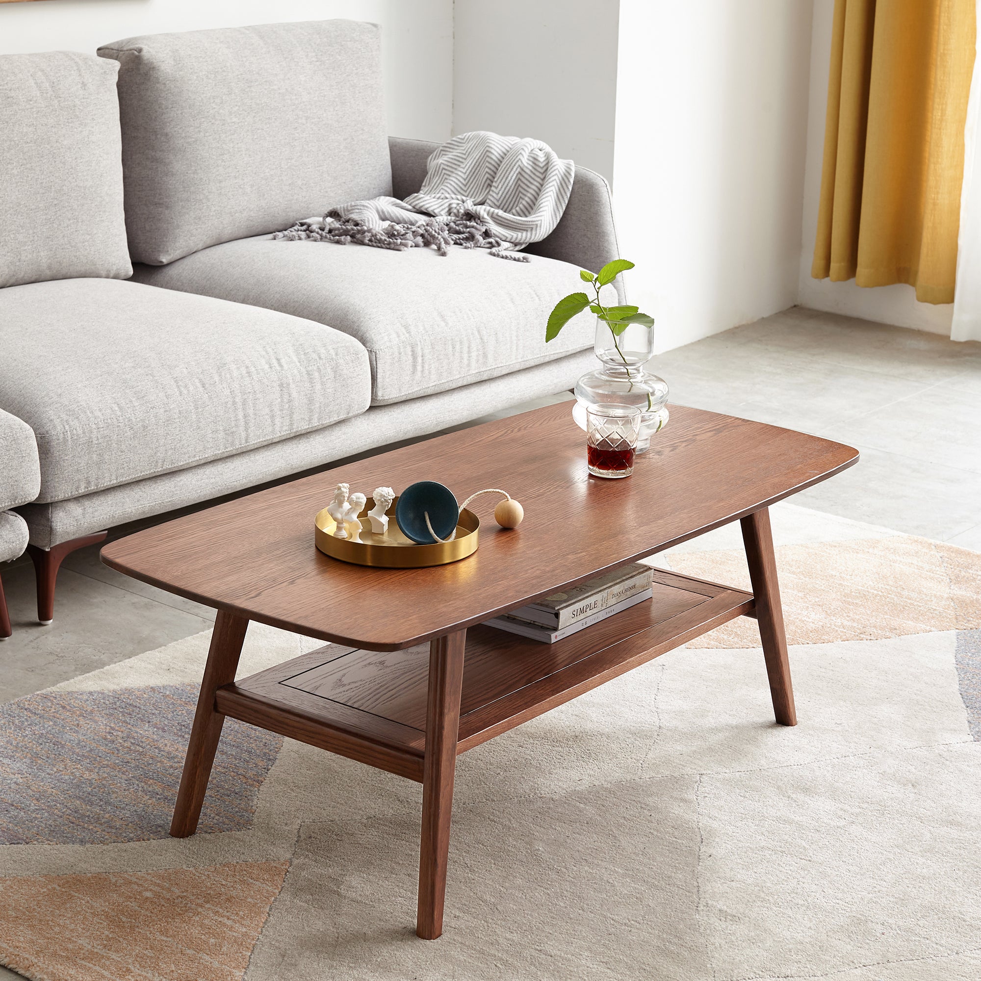 Center table Low Table 100% solid Oak Wood Top plate Desk Coffee table Width 100 x Depth 50 x Height 44 cm Study desk Work from home Easy to assemble Walnut Color Wood With Storage Shelf - Grand Goldman Shop