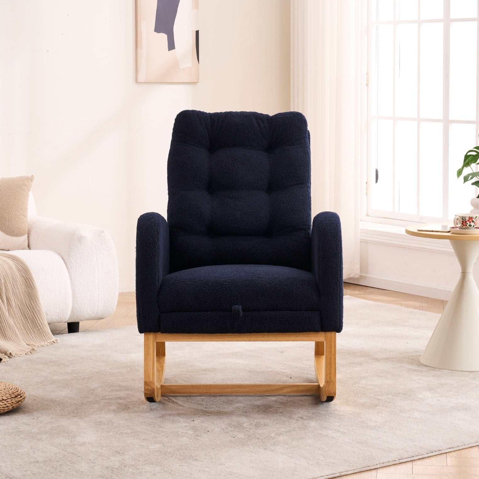 LY-5104 Accent Rocking Chair with Footrest & Storage Pocket, Deep Navy Blue High-Back Rocker, Rubber Wood Lounge Chair for Nursery Living Room, 38.36'W x 26.77'D x 39.76'H - Grand Goldman Shop
