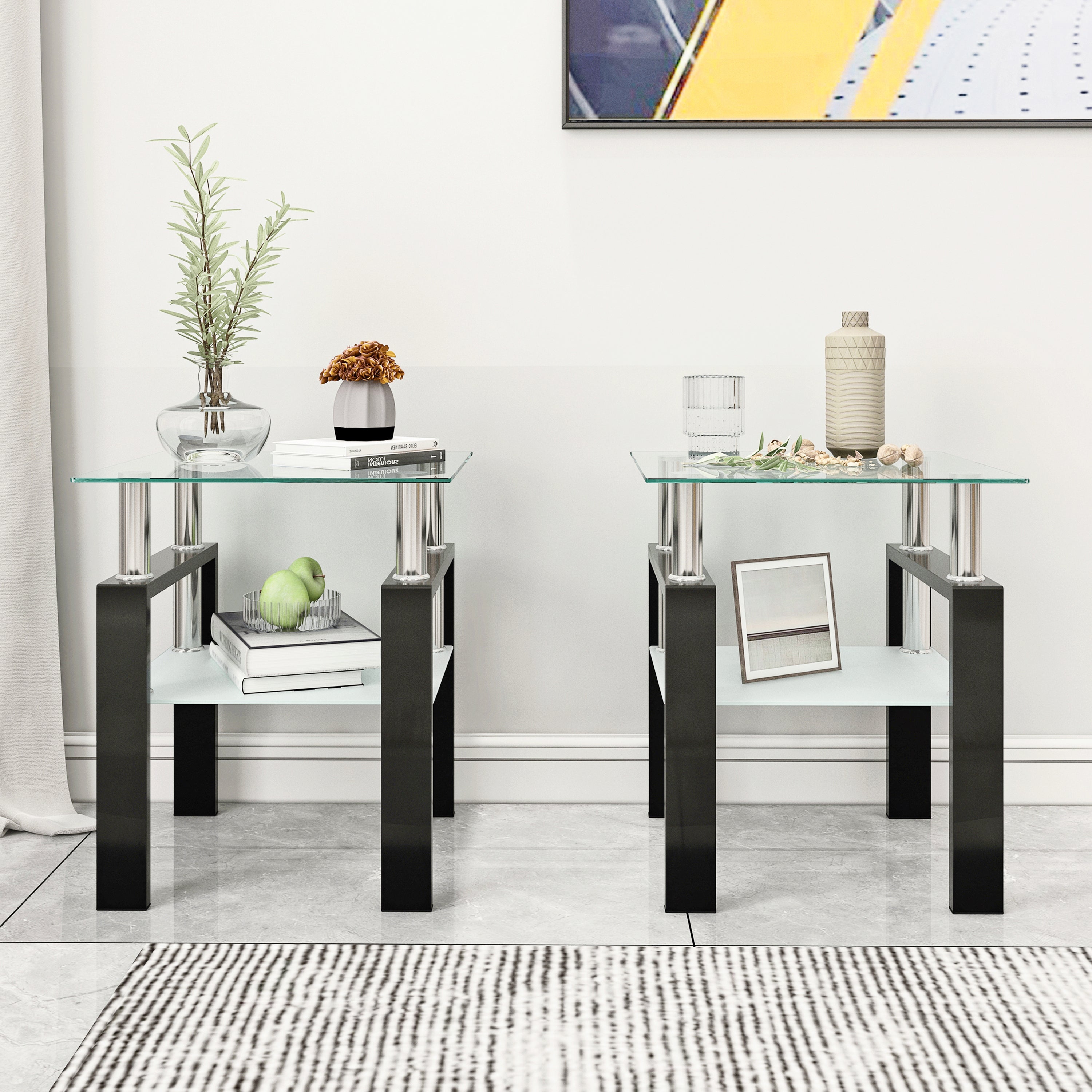 Modern Tempered Glass Tea Coffee End Table Set of 2, Transparent/Black, Metal Legs, Square Design - Grand Goldman Shop